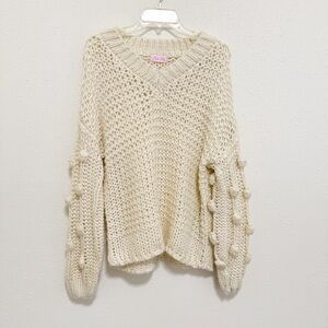 Pink Lily Cream V-Neck Oversized Pom Pom Sleeve Sweater